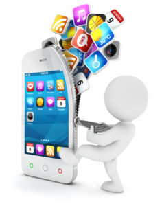 Männchen öffnet Handy und viele kleine Icons fliegen hinaus